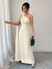 Rafferiza 女士优雅奢华网眼单肩连衣裙，带金色刺绣贴花，A 字形 - 杏色 - 查看 3