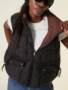 Sleeveless Loose Cropped Padded Vest Jacket, Stand Collar, Lapel, New Style For Winter - Black - View 3