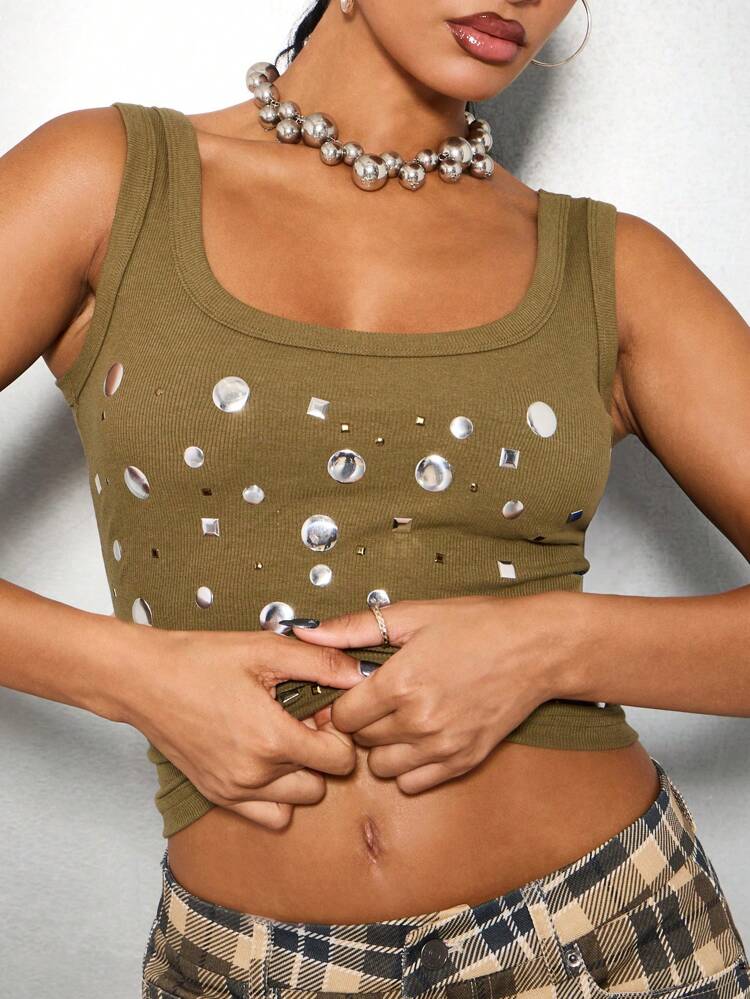 SUMWON WOMEN Studded Ribbed Tank Top With Crystal Embellishments