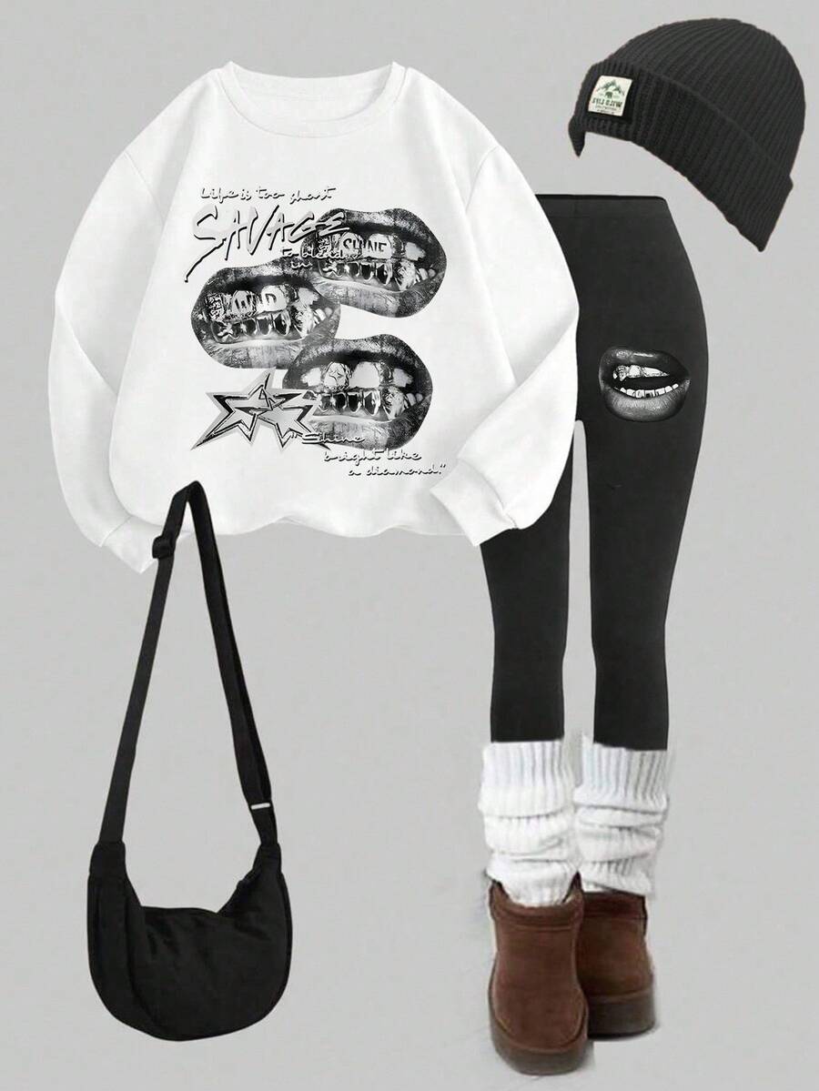 Slaydiva 2025 Fall Winter Clothes, 2-Piece Y2k Streetwear Back To School Going Out Set, Casual Loose Lip Rhinestone Print Crew Neck Sweatshirt And Tight Leggings, Concert Outfit - Multicolor - View 1