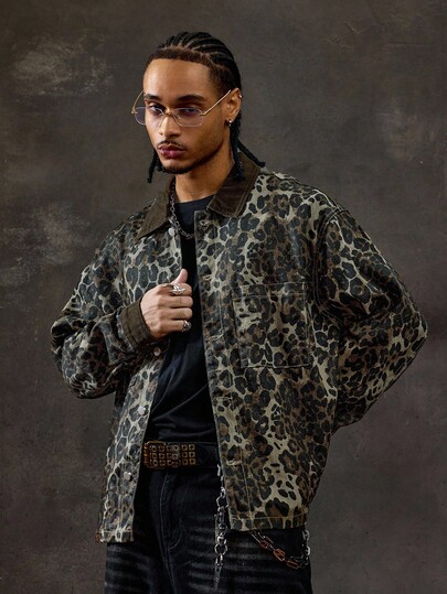 Street Life جاكيت جينز بأكمام طويلة وجيب وأزرار للرجال بطبعة نمر كاجوال