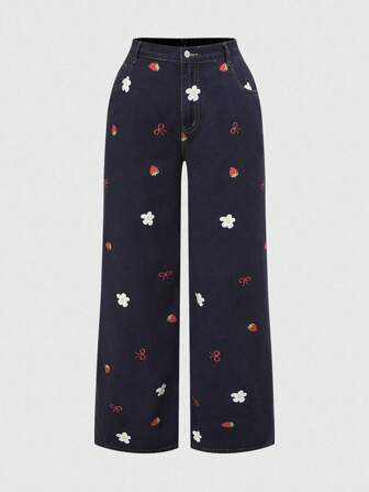 Kawaii Plus Size Women Strawberry Bow Flower Decor Denim Jeans