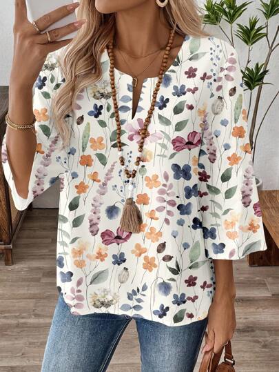 EMERY ROSE Women's 3/4 Sleeve V-Neck Ditsy Floral Blouse, Suitable For Outdoor Wear, Fall/Winter Chic Blouses For Women