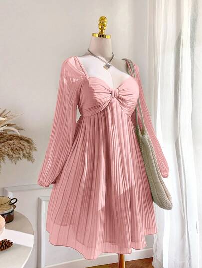 Comfortcana 大码休闲褶皱长袖粉色连衣裙，秋冬