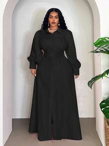 Veslaya 大码女装纯色泡泡袖单排扣休闲通勤连衣裙黑色长款连衣裙长袖连衣裙黑色纽扣连衣裙灯笼袖连衣裙黑色连衣裙女装/秋冬 - 黑色 - 查看 7