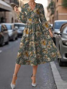 SHEIN Clasi Robe imprimée fleurs vintage verte, style romantique campagnard, convient pour l'automne - Multicolore - Voir 4
