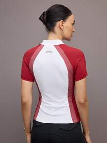 Activina 女式撞色插肩短袖纽扣半襟马术上衣 - 紅白色 - 查看 2