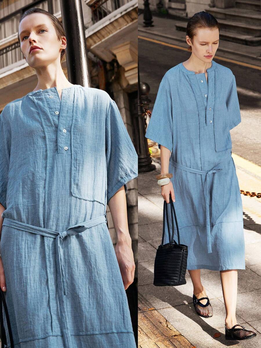Lumivelle Women's Casual Everyday Simple Solid Color Half-Button Front Tie Waist Loose Dress, Summer All White Summer Dress Clothes For University - Blue - View 1