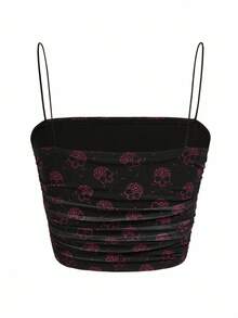 Y2Kool Maryam Alam 黑色、网眼、骷髅、万圣节、Y2K、哥特、街头服饰、休闲、网眼吊带背心，适合女士夏季、秋季、度假、派对、聚会、日常穿着 Y2k 抹胸骷髅印花抹胸露肩抹胸印花抹胸露肩衬衫性感上衣 - 黑色 - 查看 2