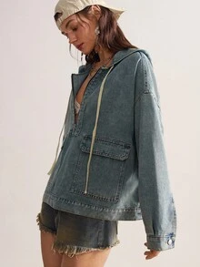 Bohemela 女士秋季落肩长袖拉链半开襟实用口袋休闲连帽外套牛仔外套女式牛仔外套女式宽松牛仔外套蓝色牛仔外套女式牛仔连帽衫秋季女式秋季女式冬季女式乡村风女式拉链连帽衫连帽衫拉链乡村音乐会西部连帽衫西部服装女式邮轮女式乡村音乐会波西米亚风女式
