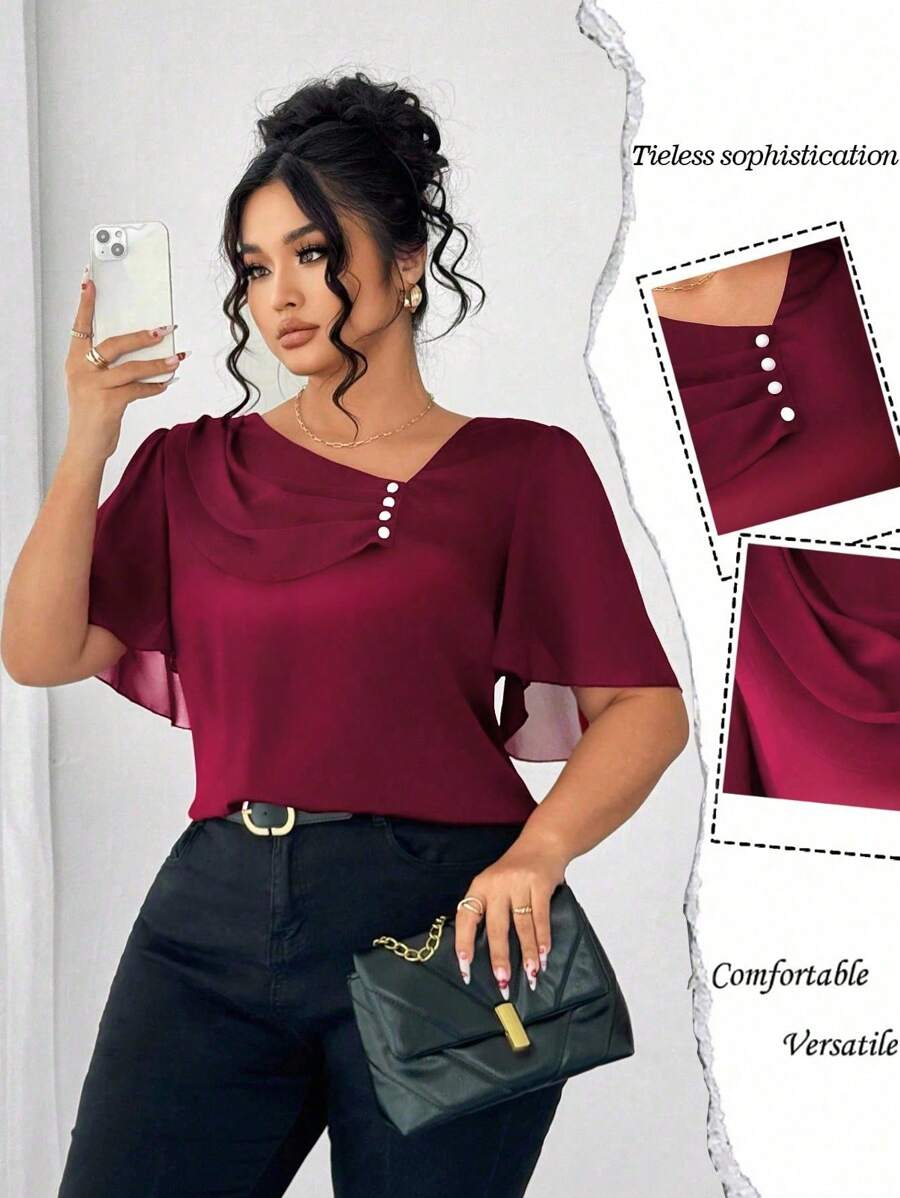 SHEIN Elenzya Camisa elegante y casual de manga corta con cuello con volantes asimétrico, decoración con botones y talla grande - Burdeos - Ver 1