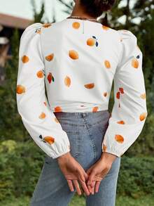 INAWLY Áo cánh tay đèn lồng in họa tiết trái cây giản dị, buộc phía trước, áo dễ thương - Nhiều màu - Xem 2