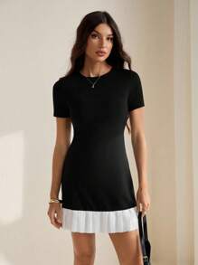 SHEIN Tall Round Neck Mixed Material Ruffle Hem Versatile Mini Dress Women Cocktail Dress Women Short Dresses Women Black Dress,Business Casual - Black - View 5