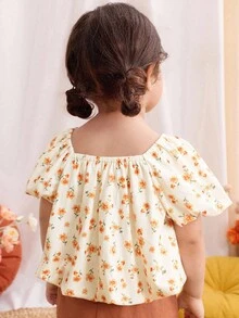 Blossori Blusa con volantes en el bajo con estampado floral amarillo para niñas, estilo vacaciones en el campo - Multicolor - Ver 2