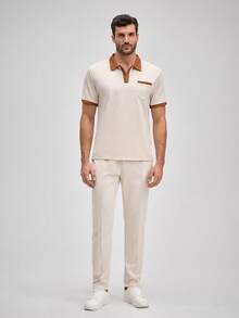 2 pezzi Tuta sportiva da uomo OFFICEAU, polo a maniche corte casual + pantaloni lunghi, outfit sportivo con design a patchwork, adatto dalla primavera all'estate - Cachi - Visualizzare 3