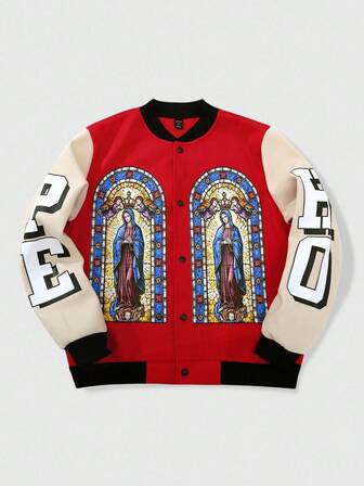 Goth Abrigo de hombre con diseño gráfico de la Virgen María en inglés, patchwork de colores contrastantes, estilo urbano estadounidense