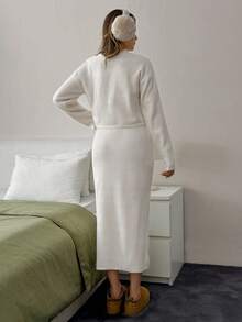 EURMUSE Women Fit Sweater And Sweater Skirt 2pcs Set Co-Ords Ribbed Two Piece Set Knit Two Piece Set Cream Two Piece Set Comfortable Two Piece Set Two Piece Skirt Set White Ribbed Two Piece Set,Winter Clothes - Cream - View 2