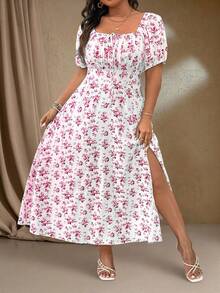 Flirla 大码女式夏季假日花卉印花前系带短款泡泡袖连衣裙，下摆侧开衩，优雅长款女装 - 紅色 - 查看 1