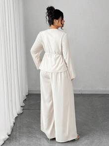 SHEIN Elenzya 女士优雅裹身衬衫长袖宽松裤加大码两件套，适合约会、工作、通勤和休闲办公室穿着，杏色针织外出上衣 - 杏色 - 查看 2