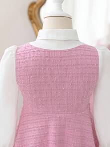 SHEIN Young Girl Woven Contrast Color Puff Sleeve 2 In 1 Dress Fall Winter - Pink - View 6