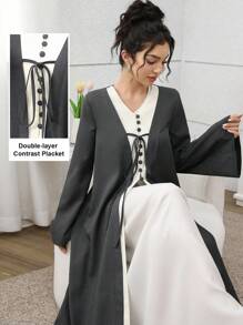 Yasmyna V领撞色二合一腰带长袖阿巴亚 - 深灰色 - 查看 2