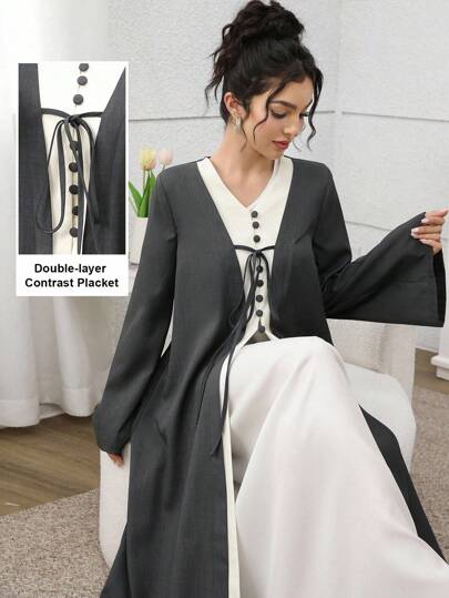 Yasmyna V领撞色二合一腰带长袖阿巴亚