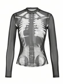 Y2Kool Gumgfx Top transparent à manches longues avec motif de squelette en maille, couleur gris foncé. Convient pour l'été, l'automne, les vacances, les fêtes et les tenues décontractées. Top en maille transparent, Top à manches longues en maille, Top transparent, top transparent. Idée de tenue assortie pour l'hiver