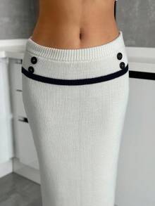 EURMUSE High-Waist Ribbed Knit Skirt With Contrast Stripes And Button Details - Black and White - View 4