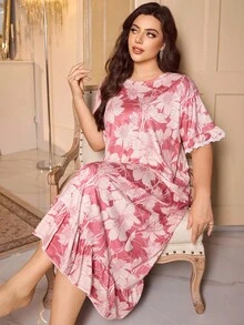 LuxeNights 大码女式花卉印花圆领短袖荷叶边下摆睡裙 - 彩色 - 查看 3