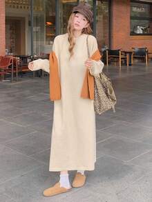 DAZY 女士纯色圆领长袖宽松针织休闲毛衣连衣裙秋冬 - 杏色 - 查看 7