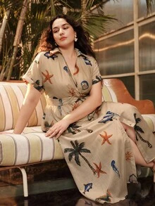 Anewsta Robe mi-longue d'été pour grandes tailles, nouvelle conception, vacances, imprimé, col V, taille vrillée - Voir 7