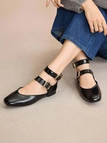 Rosivie Giày bệt Mary Jane vải đính đá màu đen thời trang nữ, dễ thương và ngọt ngào cho học sinh/sinh viên - màu đen - Xem 5