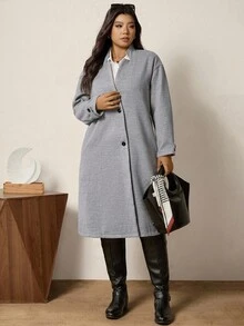 Zelara Plus Size Lapel Button Closure Long Sleeve Pocket Fashion Coat, For Winter Winter Clothes Women's Formal Wear Grey Chic Fall Autumn  Elegant - Grey - View 6