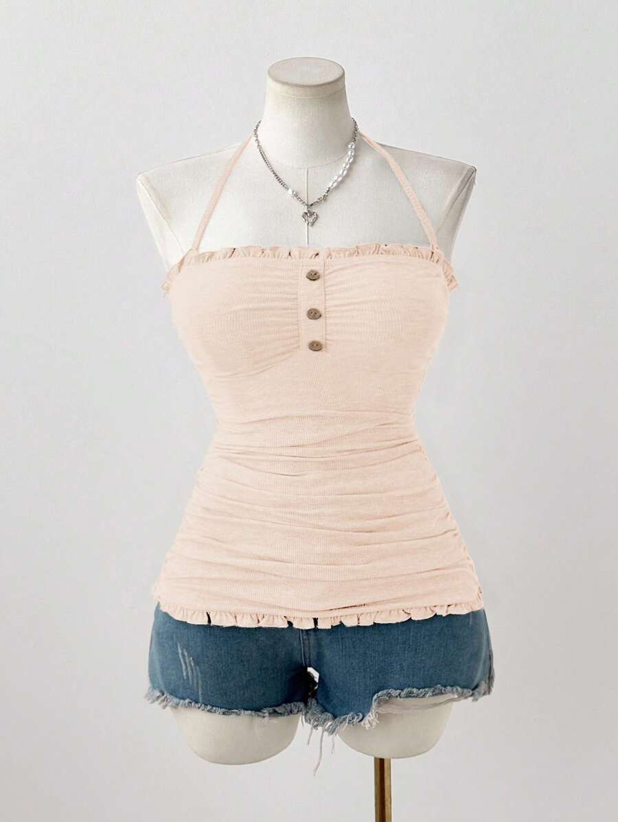 Sunspun 大码女式休闲无袖荷叶边上衣，夏季 - 杏色 - 查看 1