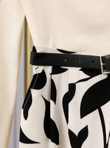 Franclia New Autumn High-End Knitted Top With A Swing Collar Design, A Patchwork Print Pattern, And A Black Metal Belt. Long-Sleeved Women's Jumpsuit For Commuting And Going Out. Women's Going-Out Tops. Women's Autumn Clothing Matching. Women's Office Wear. Women's Jumpsuit. Fall Cloth For Women - Apricot - View 3