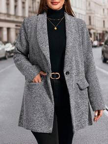 SHEIN Clasi Abrigo de tweed gris con cintura ceñida para mujer de talla grande, abrigo exterior de moda gris para otoño e invierno, abrigo casual elegante para la oficina, el transporte y el uso diario - Gris - Ver 3