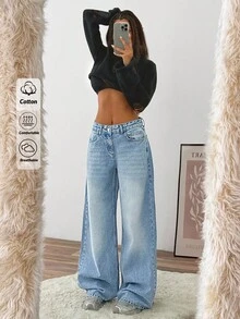 EURMUSE WOMEN LOOSE LOW WAIST WIDELEG LIGHT WASH DENIM JEAN - Light Wash - View 1