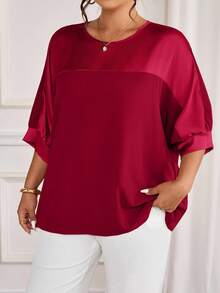 Allurite Áo thun chui đầu cổ tròn tay 3/4 vải kim loại chắp vá màu tương phản vải dệt cổ tay áo raglan thường ngày đi chơi đi làm dự tiệc - Đỏ - Xem 5