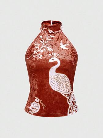 ROMWE Avant Chaleco de terciopelo ajustado con cuello alto y estampado floral de pavo real de estilo neotradicional chino para mujeres