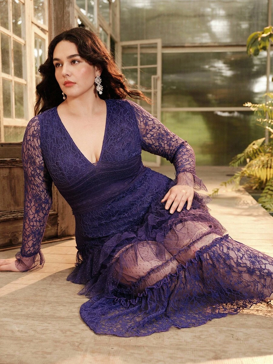 Anewsta Vestido largo de manga larga con corte evasé y encaje para mujer talla grande, adecuado para ocasiones elegantes, festivales, vacaciones, días festivos, uso casual, primavera/verano - Ver 1