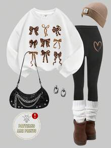 SHEIN Leap Crew Tween Girl 2 件套：蝴蝶和心形印花圆领厚运动衫和裤子休闲装，适合秋冬季 - 彩色 - 查看 7