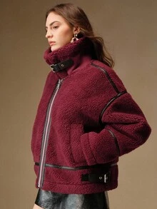 Anewsta Women's Casual Faux Leather Patchwork Lamb Wool Blend Short Loose Fit Jacket, Autumn/Winter - Burgundy - View 5