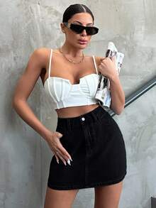 EURMUSE Women's Washed Denim Skirt With Slanted Pockets And Hip Wrap Design - Black - View 6