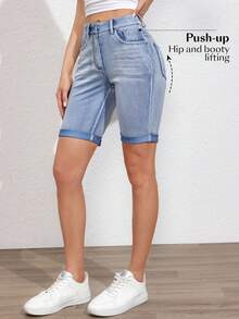 Flexra 纯色弹力贴身口袋牛仔短裤，夏季时尚 - 淺色水洗藍 - 查看 6