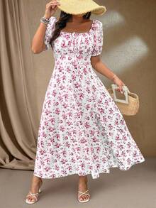 Flirla 大码女式夏季假日花卉印花前系带短款泡泡袖连衣裙，下摆侧开衩，优雅长款女装 - 紅色 - 查看 3