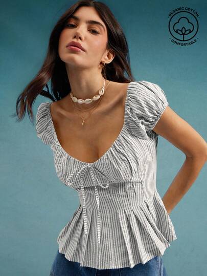 WESTFADE Cotton Blend Striped Sweetheart Neck Bow Tie Front Fit & Flare Short Sleeve Pleated Peplum Top Casual, Cute, Boho, Fall, Back To School, Autumn, Winter, Country Concert, Western Wear