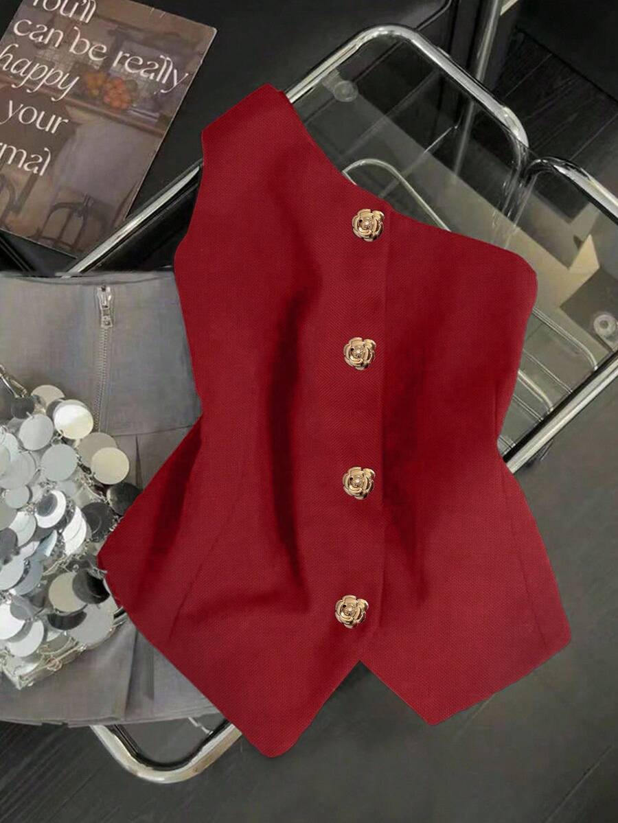 Franclia Fashionable & Elegant Versatile S-Shaped Sexy Oblique Shoulder Metal Buckle Decor Women Top, Spring/Summer - Red - View 1