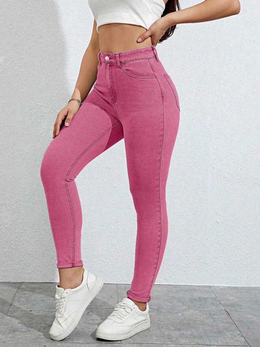 SHEIN SXY Quần Jeans Denim Ôm Dáng Có Túi Cạp Cao Cho Nữ, Kiểu Dáng Thường Ngày Đa Năng - Hồng - Xem 1