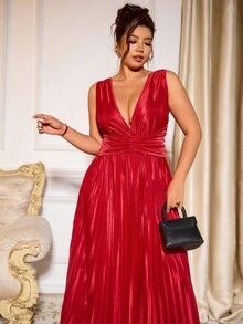Allurite Plus Size Women Elegant V-Neck Pleated Cocktail Party Dress - Burgundy - View 6