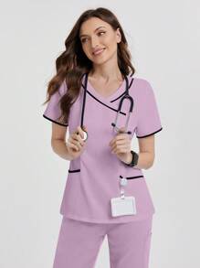 TaskEZ Contrast Trim V-Neck Summer Short Sleeve Scrub Uniform Top - Lilac Purple - View 6